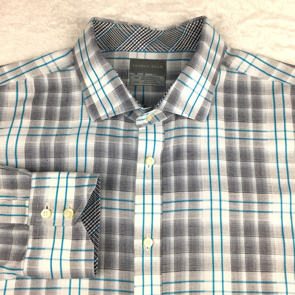 Thomas Dean Shirt Mens XXL Gray/Teal Checks Contrasting Trim Long Sleeves